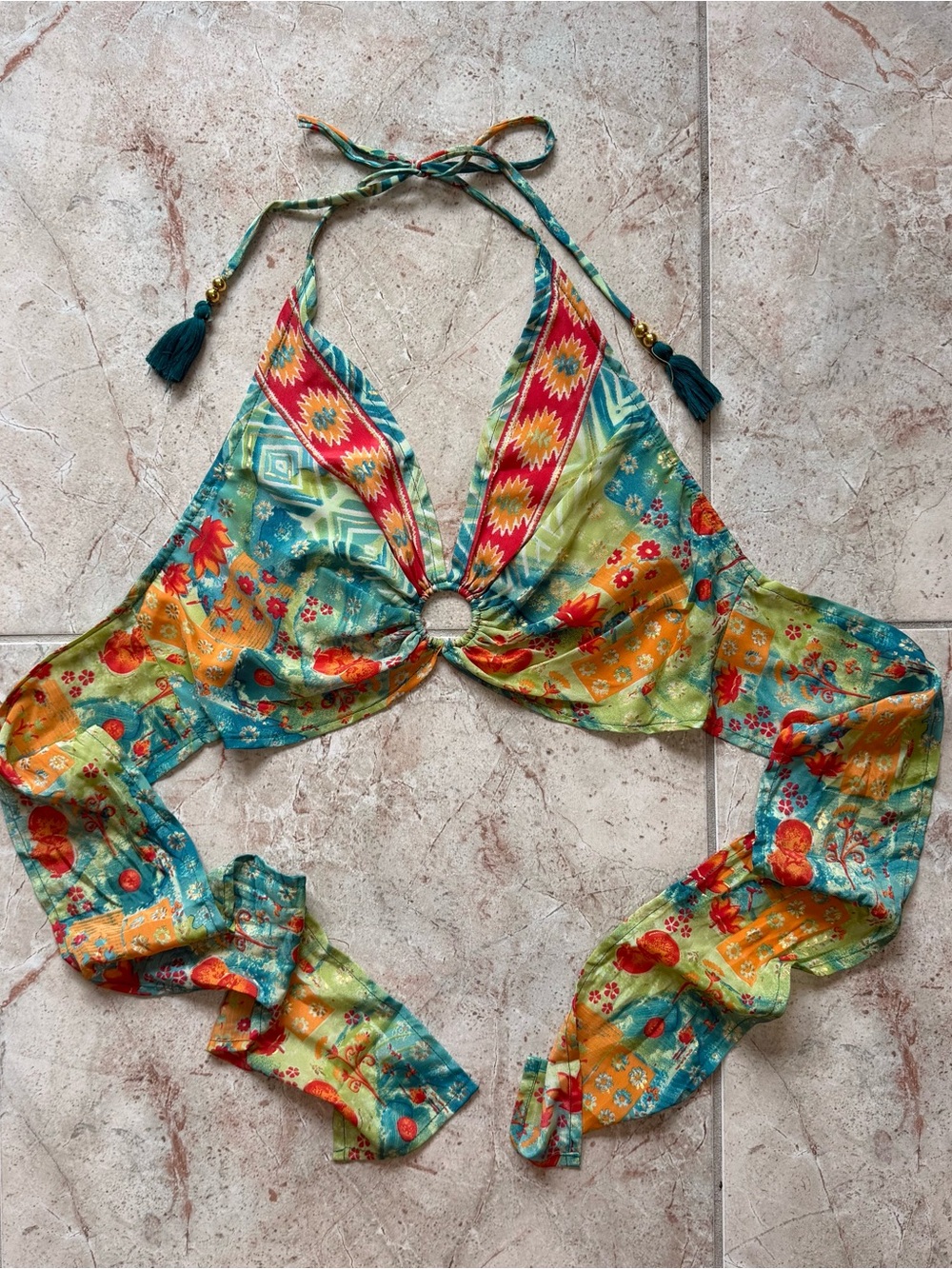 Women’s Multi-Color Halter Swim Top Ring Detail Y2K